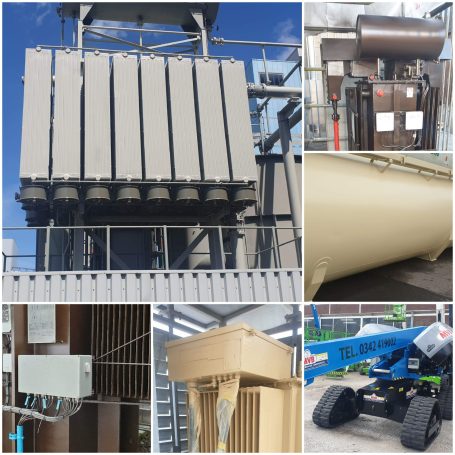Verschillende industriële apparatuur en tanks in een collage.